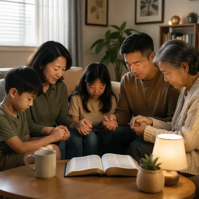 Asian Family Holding Hands in Living Room