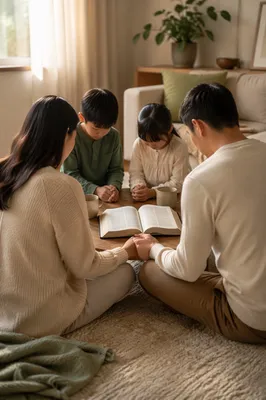 Asian Family Gathered Around Open Bible