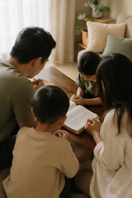 Family Gathered Around Open Bible