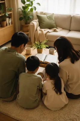 Asian Family Gathered Around Open Bible