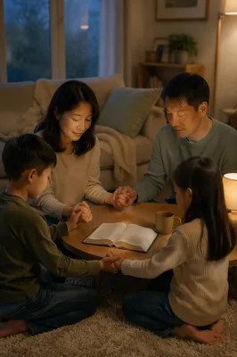 Asian Family Holding Hands in Living Room