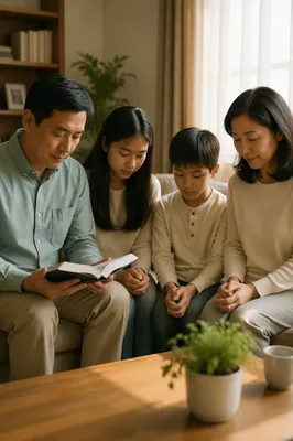 Asian Family Reading Together in Living Room