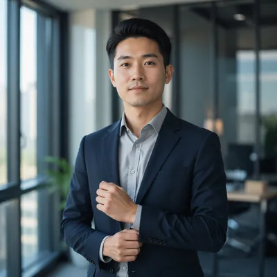 Confident East Asian Man in Office