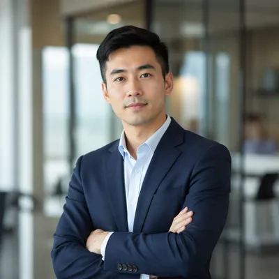 Confident East Asian Man in Office