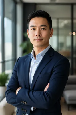 Confident East Asian Man in Office