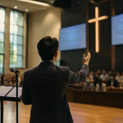 Asian Pastor Preaching on Modern Church Stage