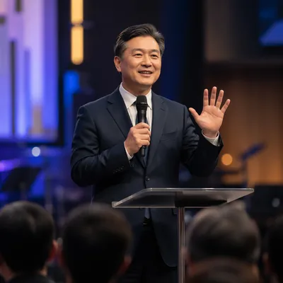 Asian Pastor Preaching on Modern Church Stage