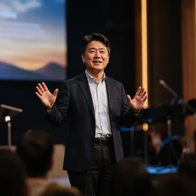 East Asian Pastor Speaking on Church Stage