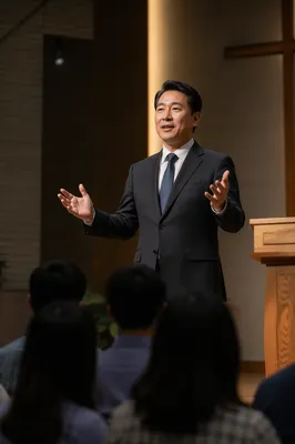 Asian Pastor Preaching on Modern Church Stage