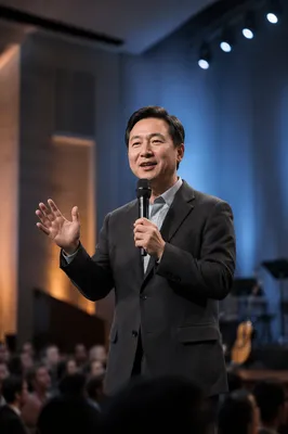 Asian Pastor Preaching on Modern Church Stage