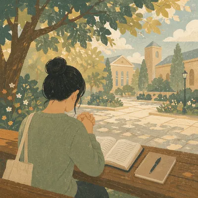 Asian Student Praying with Bible on Campus