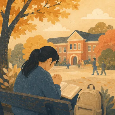 Asian University Student Praying With Bible