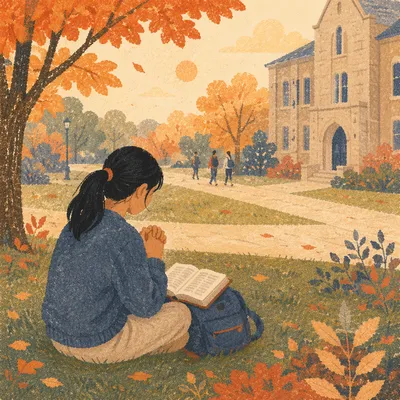 Asian Student Praying on University Lawn