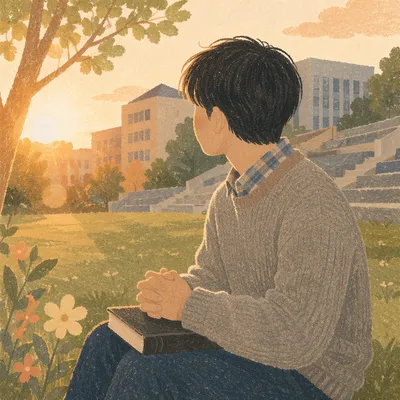Asian University Student Praying on Campus Lawn
