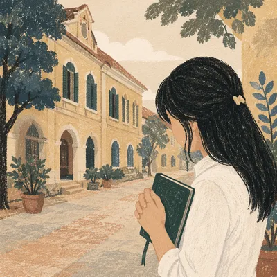 Asian University Student Praying with Bible