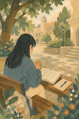 Asian Student Praying with Bible on Campus