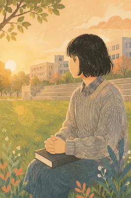 Asian University Student Praying on Campus Lawn