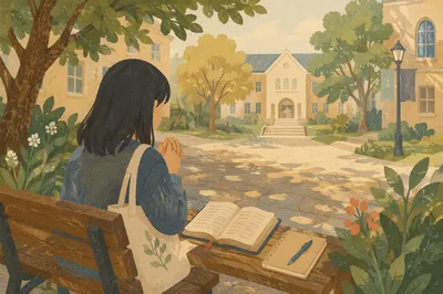 Asian Student Praying with Bible on Campus