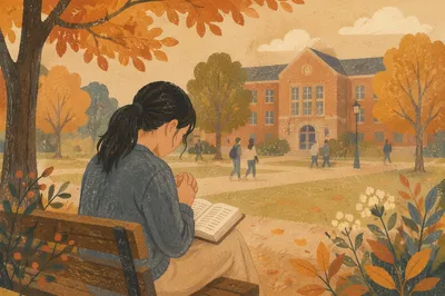Asian University Student Praying with Bible