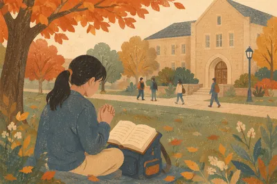 Asian Student Praying on University Lawn