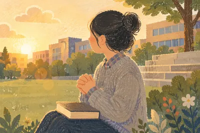 Asian University Student Praying on Campus Lawn