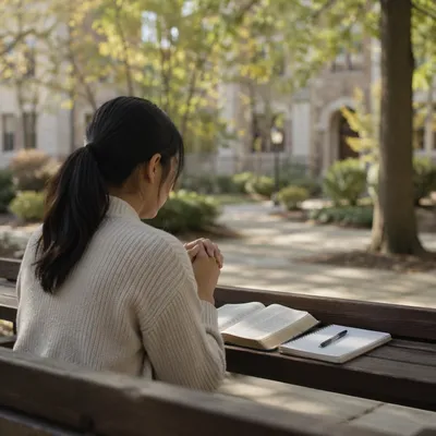 Asian Student Praying with Bible on Campus