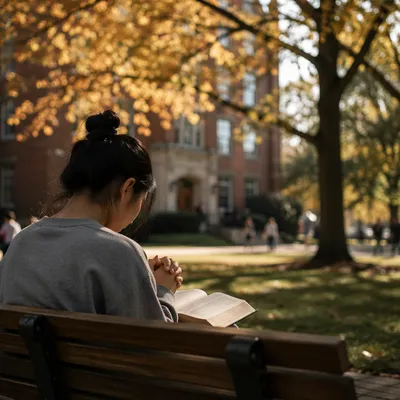Asian Student Praying with Bible on Campus