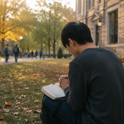 Asian Student Praying on University Campus