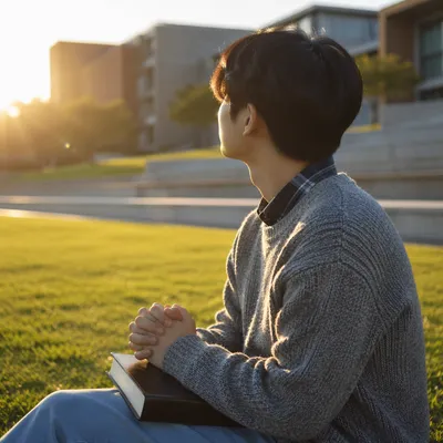 Asian University Student Praying on Campus Lawn
