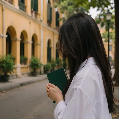Asian University Student Praying with Bible