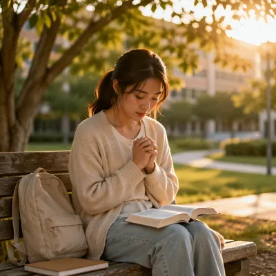 Asian University Student Praying at Golden Hour