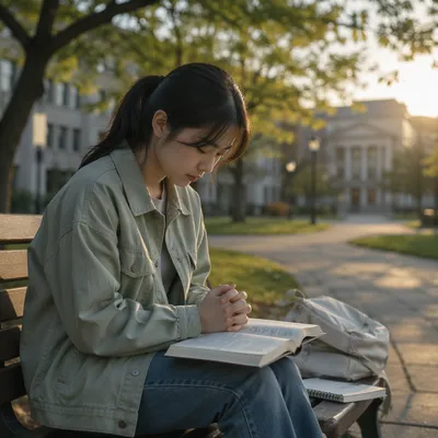 Asian University Student Praying on Campus Bench