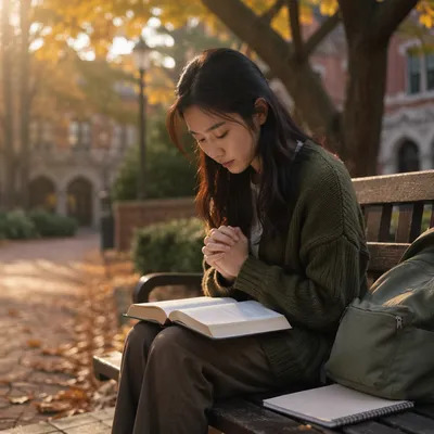 Student Praying on Autumn Campus Bench