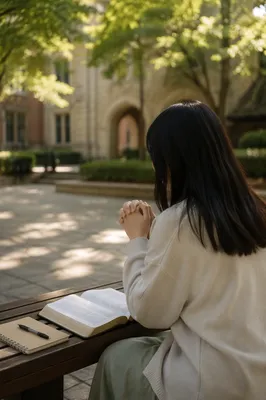 Asian University Student Praying With Bible