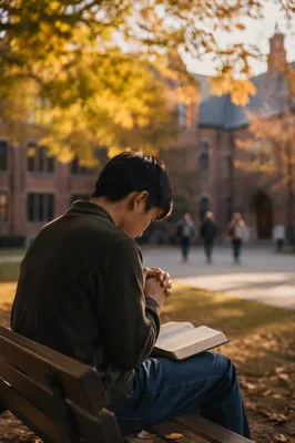 Asian Student Praying With Bible on Campus