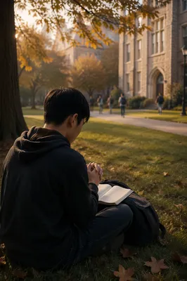 Asian Student Praying on University Campus