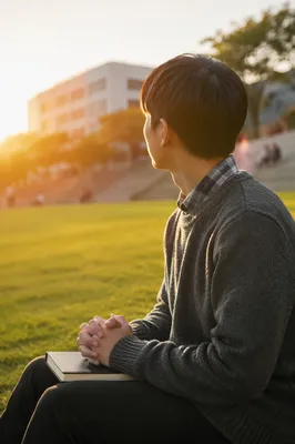 Asian University Student Praying on Campus Lawn