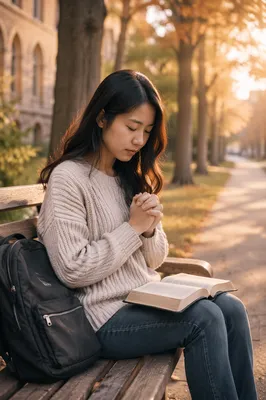 Asian University Student Praying with Bible