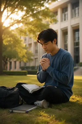Asian University Student Praying at Sunrise