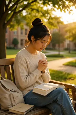 Asian University Student Praying on Campus Bench