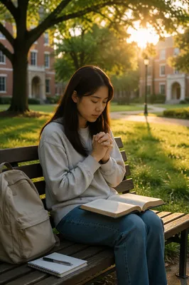 Asian University Student Praying at Sunrise