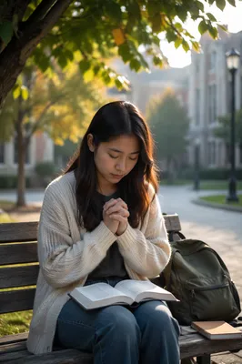 Asian University Student Praying on Campus