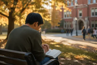 Asian Student Praying with Bible on Campus