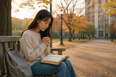 Praying Student on Campus at Dawn