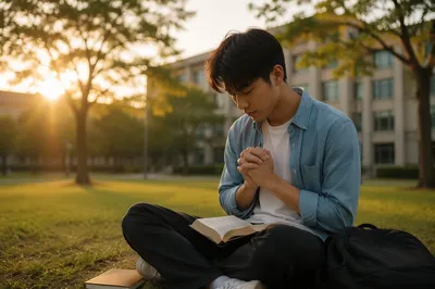 Student Praying on Quiet Campus Lawn