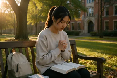 Praying University Student on Campus Bench