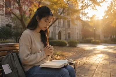Student Praying on Campus Bench at Sunrise