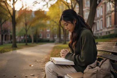 Student Praying on Autumn Campus Bench