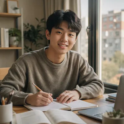Friendly East Asian Teen at Desk