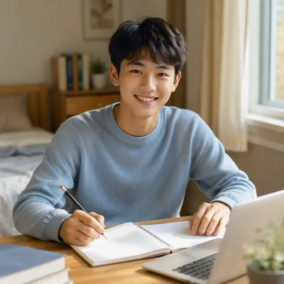Friendly East Asian Teen at Desk